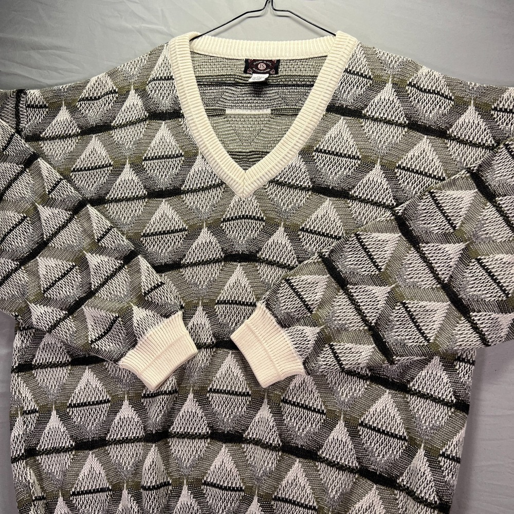 Vintage Grandpa Sweater Mens 2XLT 2XL Tall Gray Geometric Knit Cobsy Shapes